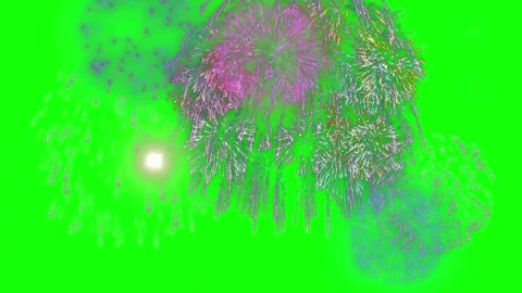 Vibrant multicolored fireworks exploding against a solid bright green background Stock Footage 338314565