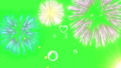 Vibrant multicolored fireworks explosions overlays with floating heart shapes Vidéo 344247726