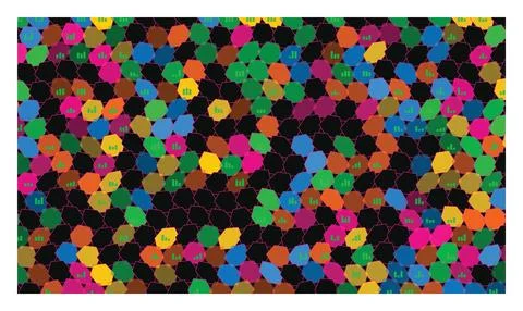Vibrant multicolored hexagonal pattern with dark background and small chart.. Stock Illustration