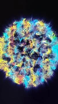 Vibrant multicolored particle explosion forming an abstract energy sphere o.. Illustrazione stock