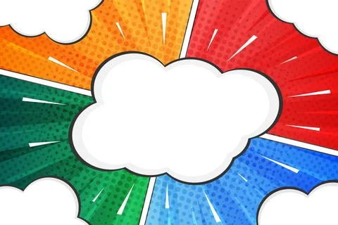 Vibrant Multicolored Pop Art Comic Background with Central Blank Speech Bubble a Stock Illustration