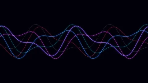 Vibrant multicolored sine waves oscillating against a deep black background Video stock 335145949