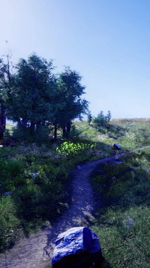 Vibrant natural landscape showcasing blooming flowers and winding path Stock Footage 334246308