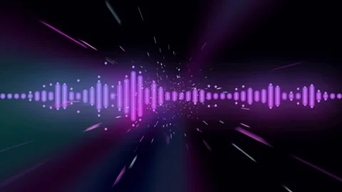 Vibrant neon audio waveform pulsing with glowing particles against dark Stock-Footage 343819132