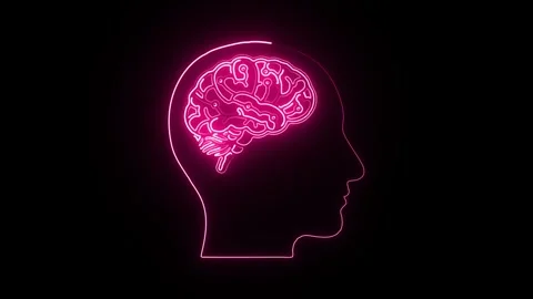 Vibrant neon brain silhouette pulses with glowing pink energy, symbolizing Stock Footage 321141853