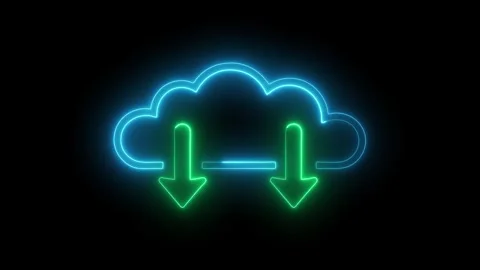 Vibrant neon cloud icon with glowing download arrows for digital data transfer Stock Footage 333674680
