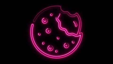 Vibrant neon cookie animation with a bite taken, glowing on a dark background, Stock Footage 321141579