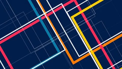 A vibrant neon geometric pattern of crossing lines and rectangular blocks o.. Illustration