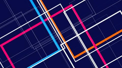 A vibrant neon grid of angled lines and frames glows over a dark blue backg.. Stock Illustration