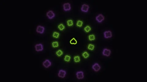 Vibrant neon heart pattern in circular arrangement on dark Stock Footage 338227458