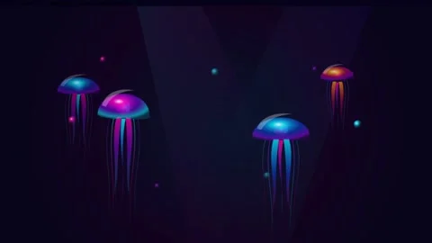 Vibrant Neon Jellyfish Floating in Deep Dark Ocean Abyss. Stock Footage 337116816