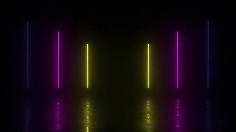Vibrant neon light bars changing colors with reflections on a dark background Stock Footage 333374156