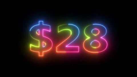 Vibrant Neon Light Display of Dollar Sign and Number 28 on Dark Background Stock Illustration