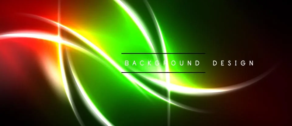 Vibrant neon lines create abstract waves. Green, red hues dominate dark Illustrazione stock