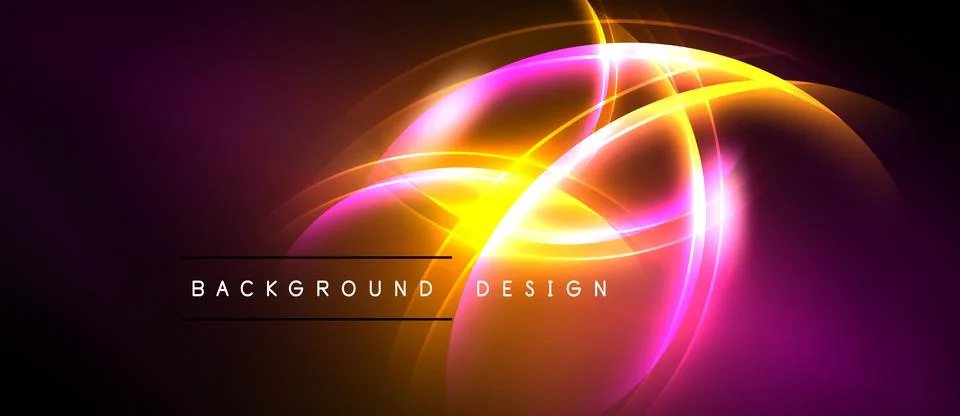 Vibrant neon lines create abstract circular patterns. Dark background empha.. Stock Illustration
