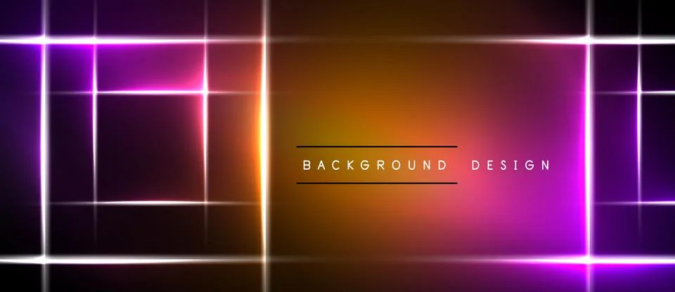 Vibrant neon lines form rectangles, gradients transition from purple to orang Stock Illustration