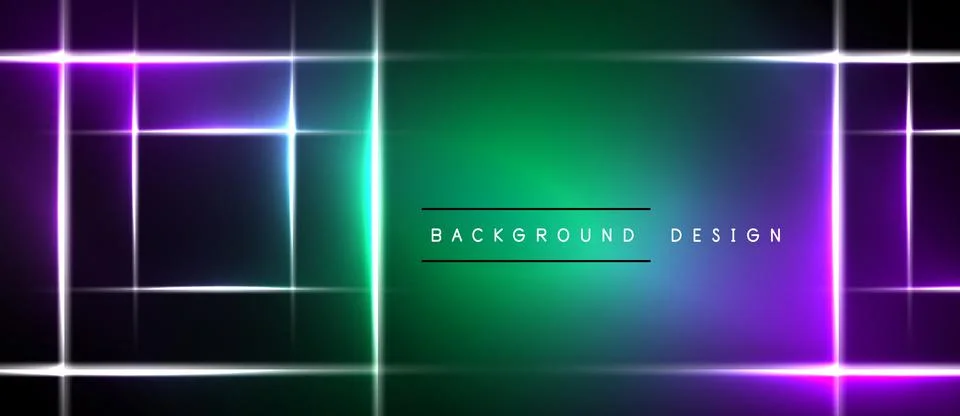 Vibrant neon lines form rectangles over gradient green, purple background. Stock Illustration