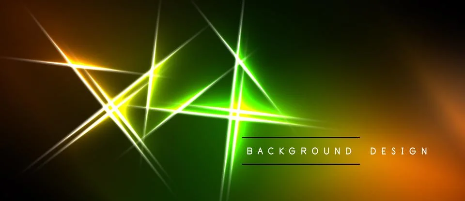 Vibrant neon lines intersect over dark green, orange gradient. Modern abstrac Ilustração Stock