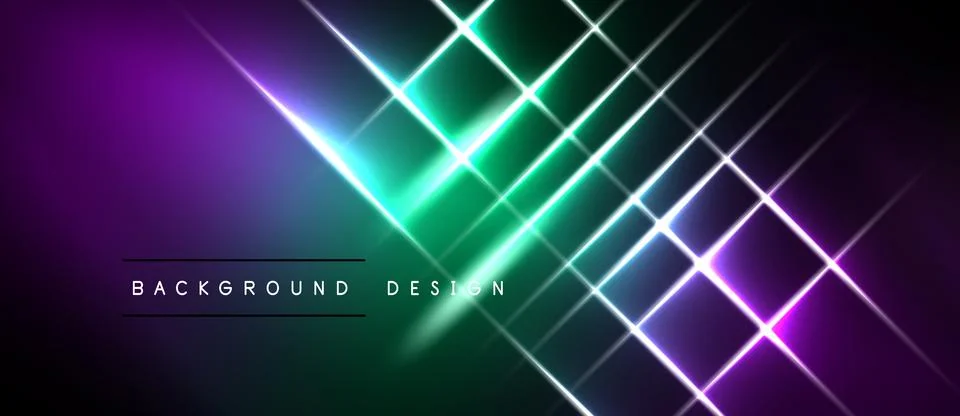 Vibrant neon lines intersect over dark purple, green gradients. Modern abstra Stock Illustration