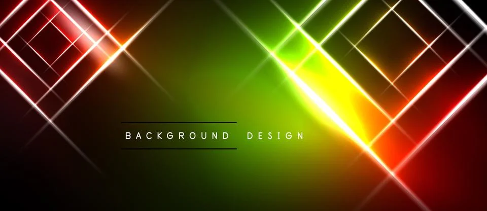 Vibrant neon lines intersect over gradient background. Bright colors create Illustrazione stock