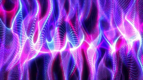Vibrant neon mesh waves in pink and blue flow across a dark background, formi Video stock 331997268