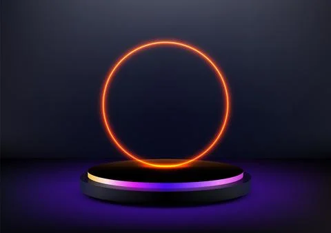 Vibrant neon orange circle on 3d black platform with purple yellow base mod.. Stock Illustration