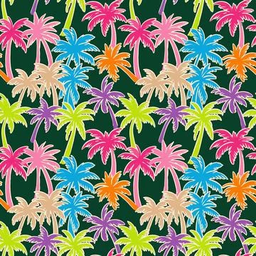 Vibrant Neon Palm Tree Pattern on Dark Green Background. Stock Illustration
