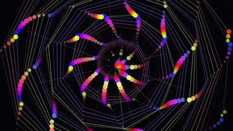 Vibrant neon particle spirals rotating against dark background in hypnotic Vídeo Stock 344583348