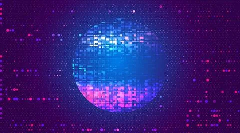 Vibrant Neon Pixelated Sphere with Glowing Blue Pink Purple Mosaic Grid on .. Stock Illustration