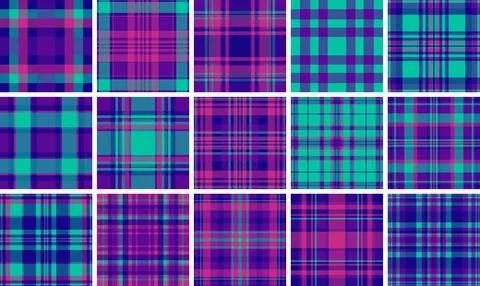 Vibrant neon plaid seamless pattern featuring magenta, teal, and navy blue .. Illustrazione stock