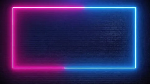 Vibrant Neon Rectangular Frame on Dark Brick Wall Stock Footage 297534701