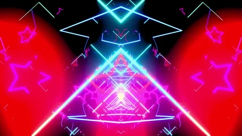 Vibrant Neon Star Patterns Pulsing In Symmetrical Abstract Tunnel Light Displ Stock Footage 347155368