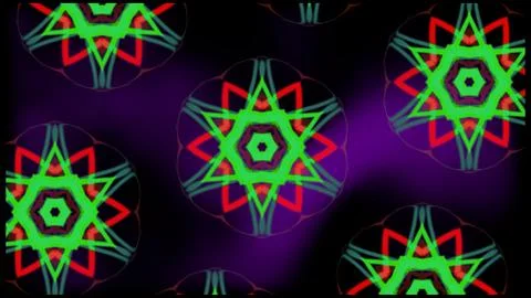 Vibrant neon starburst patterns glowing in dark space. Psychedelic geometric Stock Illustration
