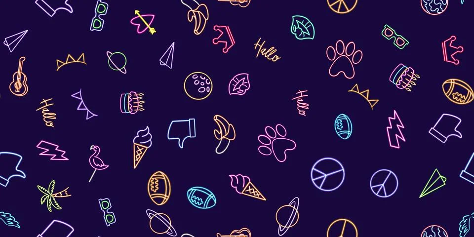 Vibrant Neon Summer Elements Seamless Pattern. glowing desktop icon, neon Illustrazione stock