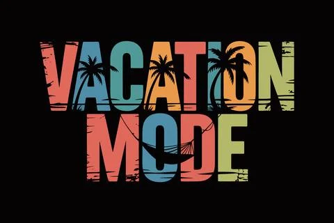 Vibrant neon "vacation mode" text with tropical palm trees and hammock bright Stock Illustration