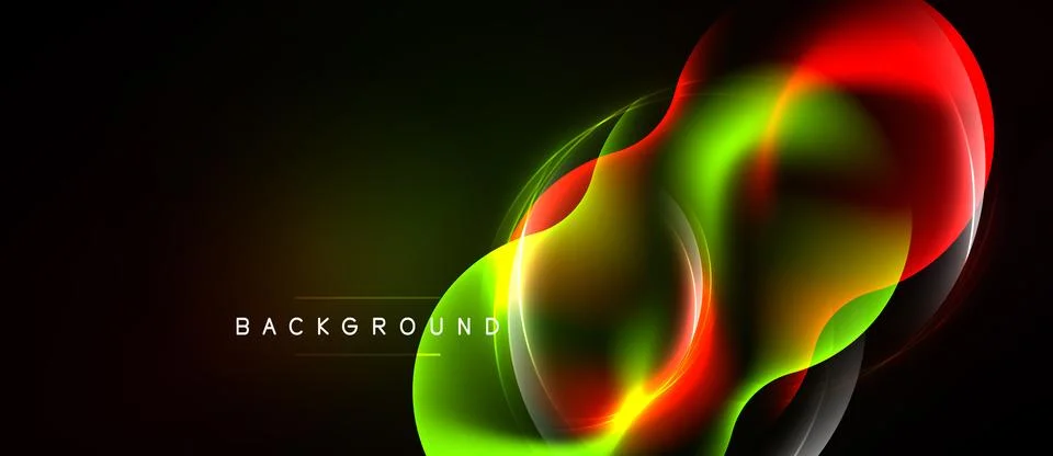 Vibrant neon waves blend, creating abstract light effect. Dark background Stock Illustration