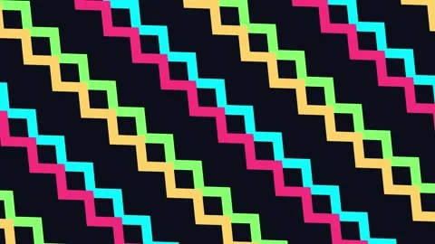 Vibrant neon zigzag lines moving diagonally across dark background seamless Stock Footage 344583036