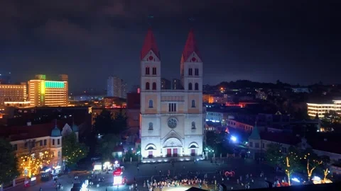 Vibrant Night View of St. Michael's Church in Qingdao City Stock Footage 330762551