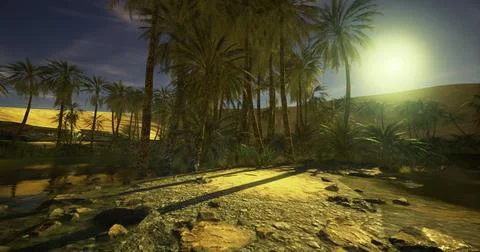 Vibrant oasis surrounded by palm trees under a bright sun in a desert Stock Illustration
