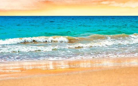 Vibrant ocean waves gently rolling onto a sandy beach under a colorful sky .. Stock Photos