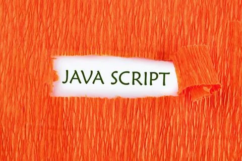 A vibrant orange backdrop features the words Java Script on a strip of white  스톡 사진