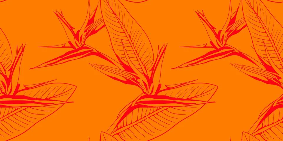 Vibrant orange background featuring a stylized bird of paradise flower patt.. Illustration