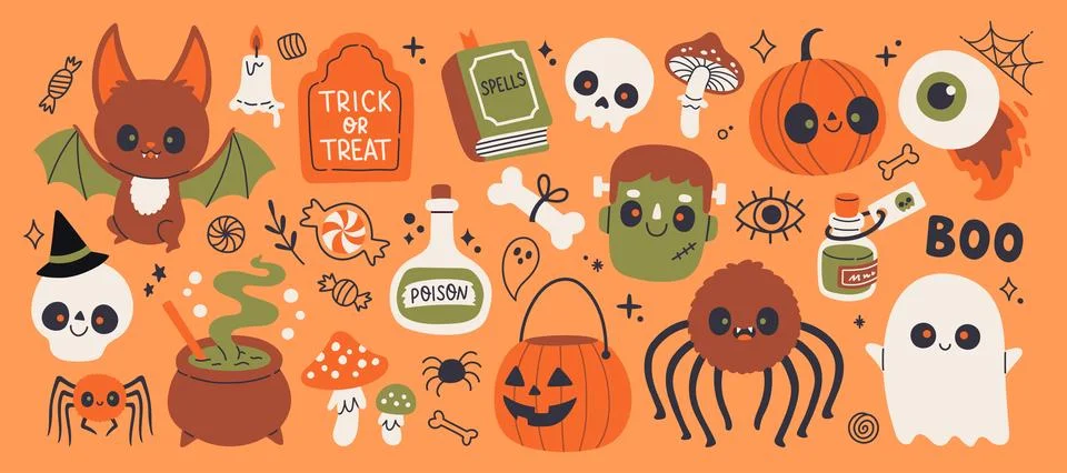 Vibrant orange background filled with cute Halloween icons like a happy bat, a Stock Illustration