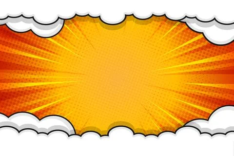 Vibrant Orange Comic Book Frame Background with Fluffy Cloud Border and Rad.. Stock Illustration