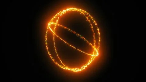Vibrant orange energy loops forming rotating luminous rings in a dark futuris Illustrazione stock