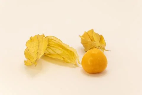 A vibrant orange physalis fruit, also known as a cape gooseberry, is shown wi Stock Photos