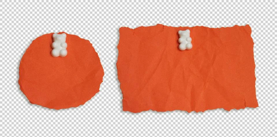 Vibrant orange torn circular and rectangular paper notes with gummy bear pi.. Stock Illustration
