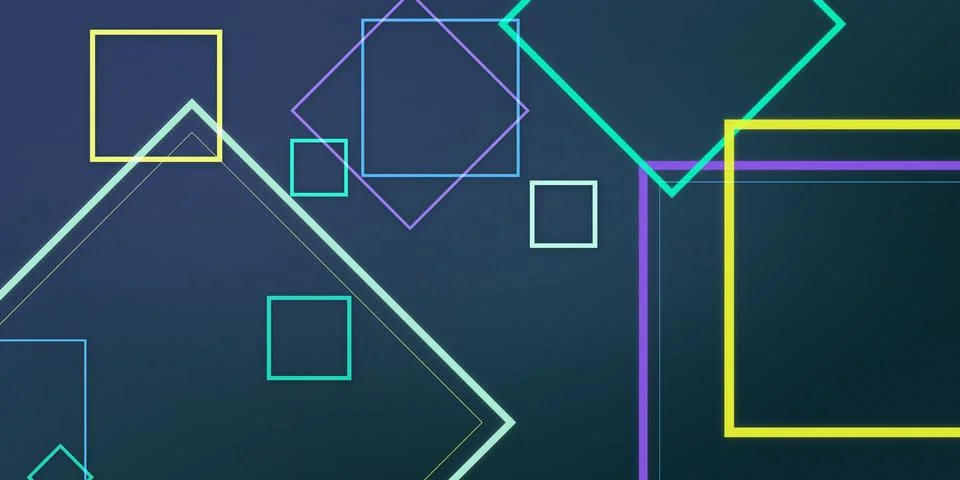 Vibrant outlined squares and angular shapes overlap in a sleek neon composi.. Stock Illustration
