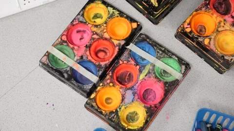 Vibrant paint palettes ready for creative projects Stock Footage 311944389