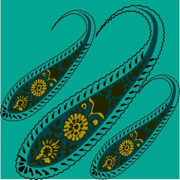 A vibrant pair of patterned paisley in blue and yellow Stock Illustration